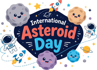 Fototapeta premium Cartoon asteroids with smiling faces.