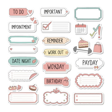 Cute pastel vector planner stickers and decorative labels for digital journaling and effective organization. Charming stationery design elements for daily planning and creative scheduling