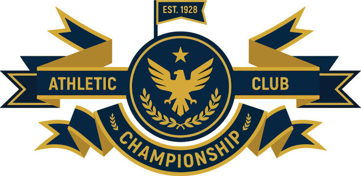 Athletic championship badge with eagle, laurel wreath, ribbon, and established year, vintage.