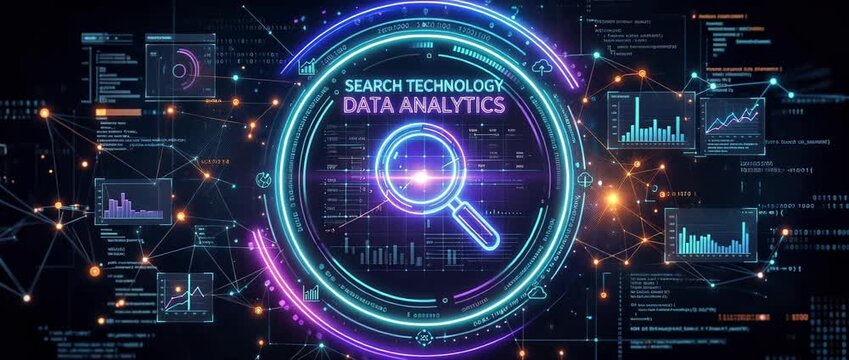 Neon data analytics search interface with glowing circular HUD and magnifier icon, interactive dashboards, charts, graphs, metrics and network connections in dark theme
