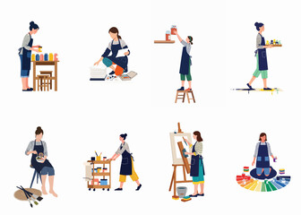 Fototapeta premium Collection of flat vector illustrations depicting various creative women artists working in their studios with paints, easels, and art supplies.