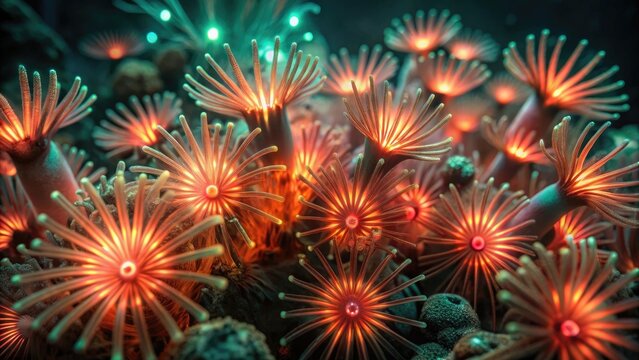 Glowing orange sea anemones on coral reef underwater