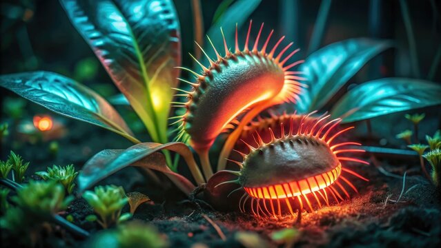 Venus flytrap plant with spiky leaves and glowing red light carnivorous plant