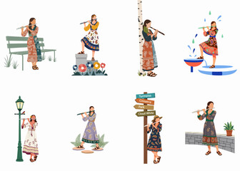 Collection of flat vector illustrations depicting women in patterned dresses playing the flute in various outdoor settings like parks, gardens, and urban spaces. © Nafa Project