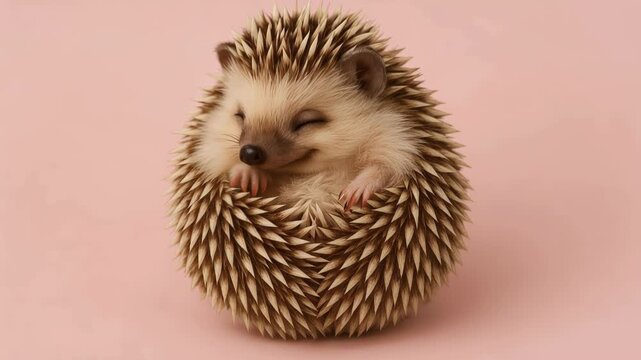 Charming smiling baby hedgehog curled into a perfect spiky ball on a pastel pink background, studio close-up portrait emphasizing quills, tiny paws and serene content expression