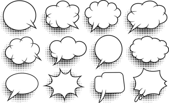 Set of black and white comic book speech bubbles with dialogue halftone template illustration communication collection