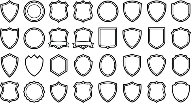 Collection of shield shapes and crest outlines for emblem and logo design on checkered background.