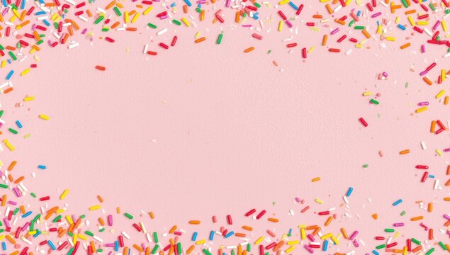 Colorful sugar sprinkles frame on a soft pink background, for birthday celebration, or sweet dessert concepts