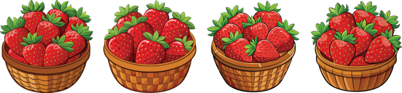 Four woven baskets filled with ripe red strawberries and green leaves on white background