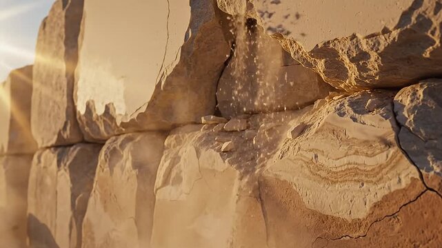 Sandstone Cliff Crumbling and Releasing Dust in Sunlit Desert Canyon