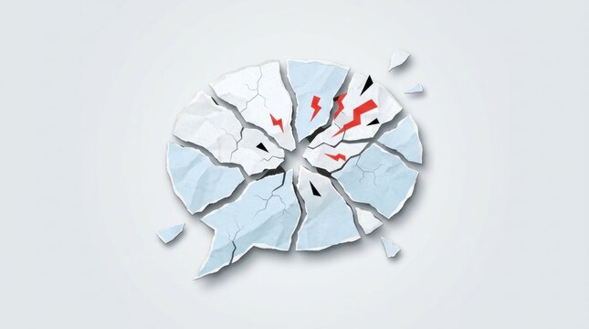 A shattered chat icon is depicted against a white and black background. The brain is fractured into numerous jagged pieces, with red lightning bolt-like lines radiating from the cracks.