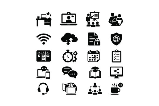 Online education and e-learning black solid glyph icon set, graduation school university study symbols vector