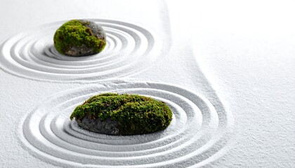 Obraz premium Mossy stones create ripples in serene Zen garden water feature landscape