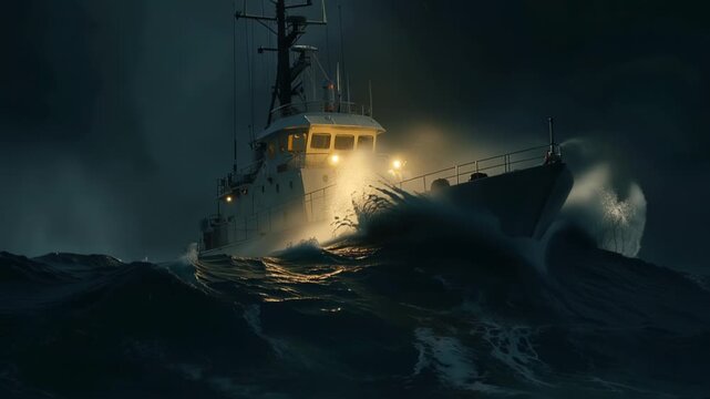 Coast Guard cutter plowing through towering storm waves at night, searchlights piercing driving rain and spray as the vessel battles treacherous seas during a tense rescue mission