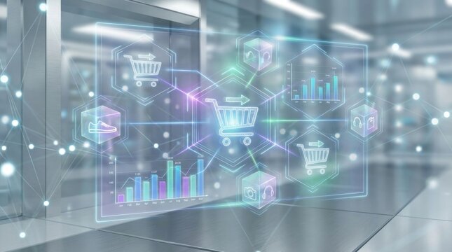 A futuristic elevator displays a holographic overlay of shopping carts, charts, and data visualizations. The overlay is integrated into the elevator doors, creating a digital interface.
