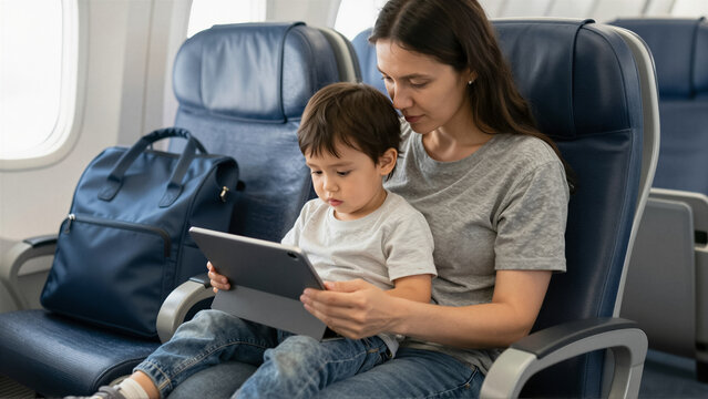 Mother and young son sitting in an airplane seat while using a digital tablet. A little boy watches content on a screen during a family flight in economy class