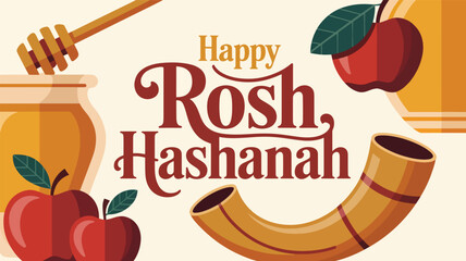 Happy Rosh Hashanah greeting card with red apples, a honey dipper, a jar of honey, and a curved shofar © srdesignhouse