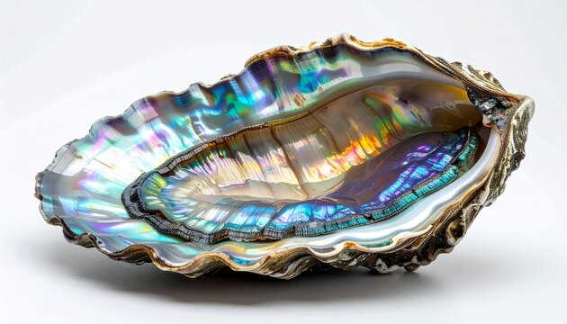 Iridescent abalone shell cross-section with natural mother-of-pearl and rainbow hues on white background