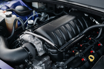 Fototapeta premium Close-up of supercharged engine in purple car. Powerful american V8 engine with forced induction - eight cylinder powerplant with black supercharger bolted on top of.