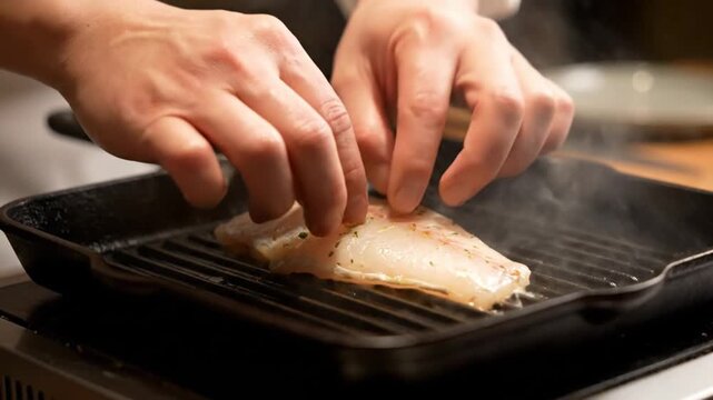 Professional chef carefully placing a fresh raw fish fillet onto a hot cast iron grill pan to sear it while steam rises in the restaurant kitchen
