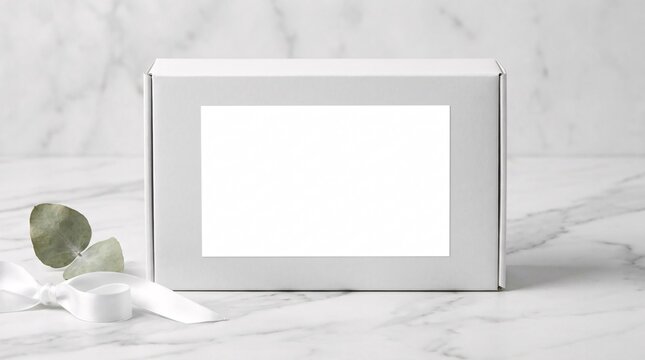 White Frame on Marble with Green Leaves and Flowers, Product Photography Setting