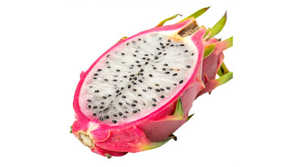 A fresh cut half section of exotic tropical pink dragon fruit pitaya isolated on transparent background