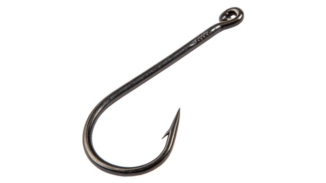 A sharp metallic dark grey fishing hook tool for outdoor angling gear isolated on transparent background