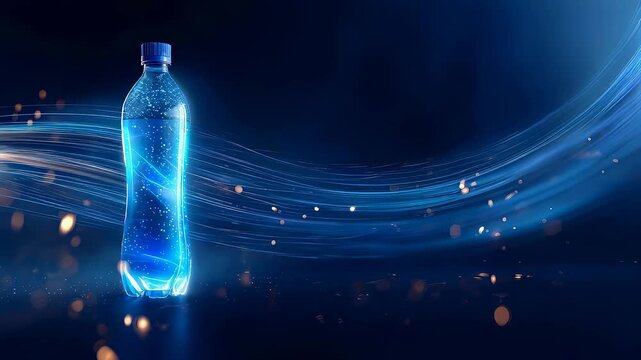 Plastic water bottle surrounded by glowing motion streaks and blurred light. Beverage marketing element with dynamic blue energy waves for refreshment advertising.