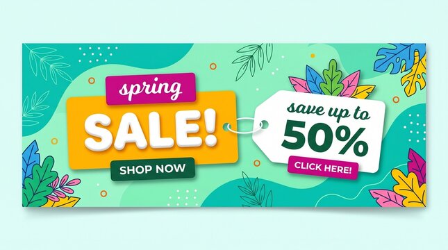 Colorful spring sale promotional horizontal web banner template decorated with stylized leaves and a discount price tag