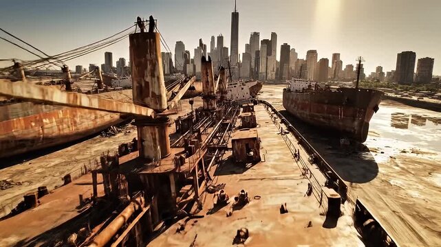 Rusty Cargo Ships Resting on Dry Mudflat Near Urban Skyline at Sunset