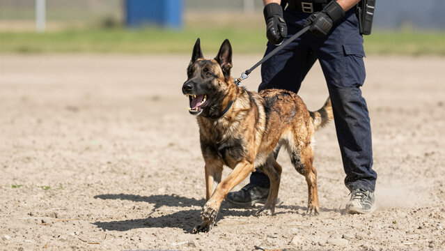 Aggressive Belgian Malinois police dog bark on leash during outdoor training. A law enforcement handler in tactical gear controls the protective canine on a dirt field