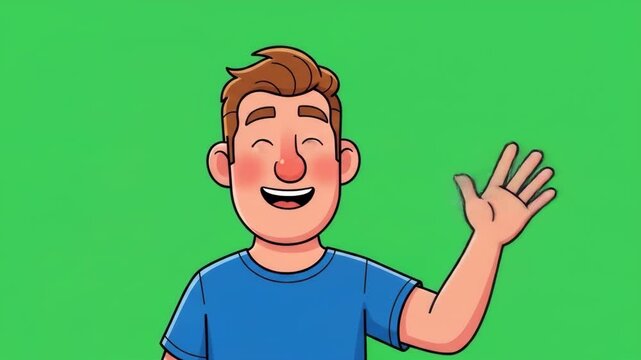 Animated Man Waving Hello - Cheerful Cartoon Character Greeting on Green Screen.