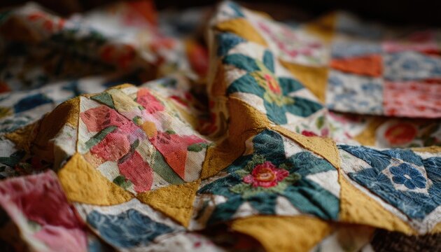 Quilt stitching bee around hoop frames, generations threading needles, patchwork patterns emerging, fabric folds rich, heirloom warmth