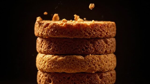 Small toasted bread rusks stacked in a tower with golden crumbs falling down in slow motion captured in high quality 4k cinematic video footage sequence