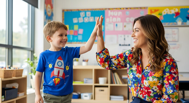 Teacher gives young boy high five in classroom celebrating achievement, concept of education and encouragement. for advertising, marketing, website, banner, editorial, and social media use