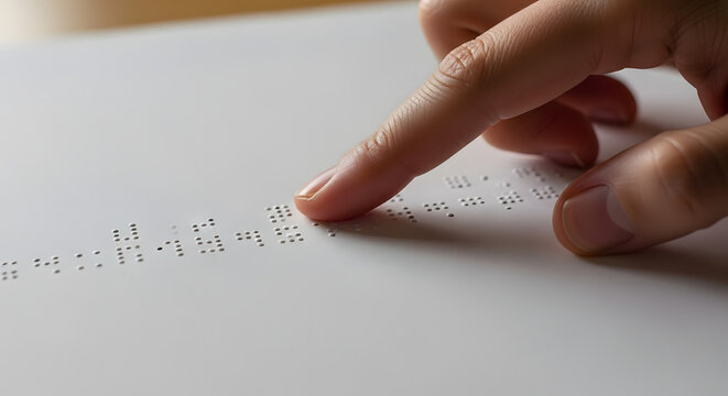Finger reading braille text on white paper, representing literacy and accessibility for visually impaired individuals. Concept of education and inclusion.