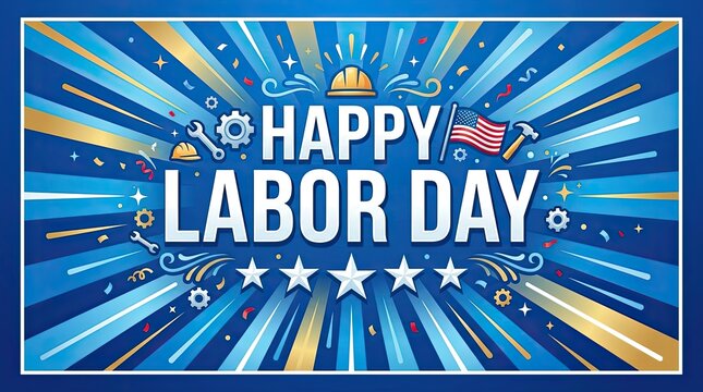 Happy Labor Day greeting card design with construction tools and American flag on a blue sunburst background