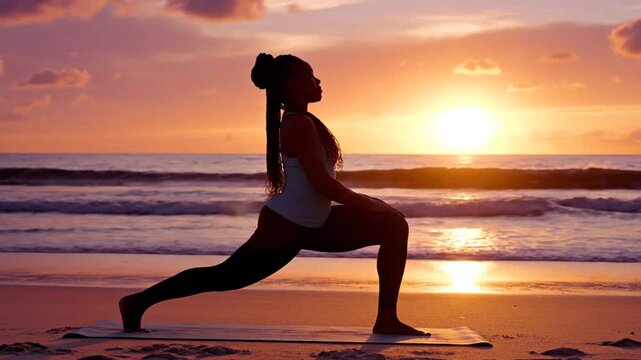 Woman practicing yoga on a beach at sunset.