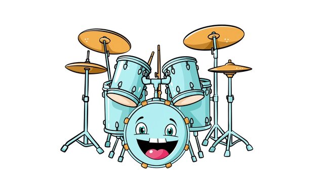 Cheerful cartoon depiction of a light blue acoustic drum set with a smiling bass drum character