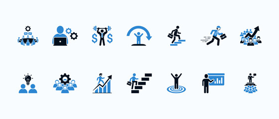 Fototapeta premium Professional business growth and career development icons for corporate success strategy planning leadership training teamwork performance management and human resource advancement infographics.
