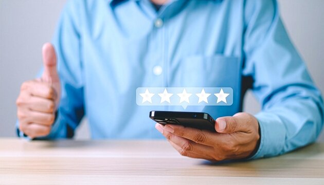 A person gives a thumbs-up while holding a smartphone displaying a five-star rating, symbolizing excellent feedback and customer satisfaction.