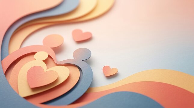 A premium, abstract conceptual background designed for Global Day of Parents, featuring a minimalist paper-cut illustration of a family silhouette embracing a central heart, surrounded by fluid layere