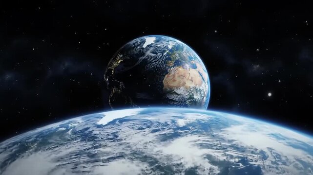 Two planets with Earth-like features dominate a starry, dark expanse