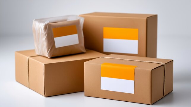 Cardboard return box taped shut sitting alone on sterile white background, bright orange return label affixed crookedly, packing slip visible through clear pouch, perfect for reverse logistics,