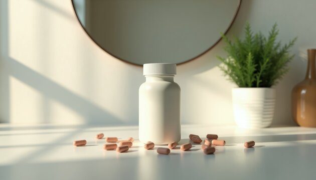 White probiotic bottle with capsules scattered on bathroom shelf. Morning sun casts shadows. Healthy gut support supplements. Wellness and self-care.