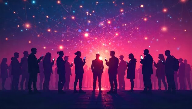 Silhouetted figures gather, phones glowing, illustrating a futuristic wireless social network; connection, community, and digital interaction are subtly conveyed , community, mobile