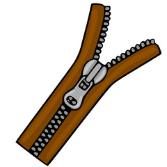 Brown zipper illustration, partially open, with metal teeth and slider, isolated vector object © Khrystyna Turchyn