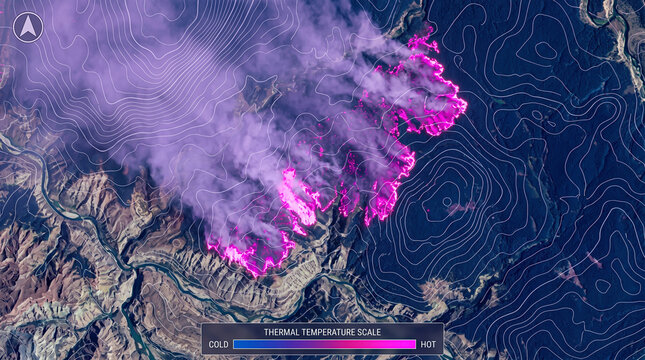Superimposed topographic contours intersect with magenta thermal anomalies visualizing environmental combustion across a rugged alpine valley basin.