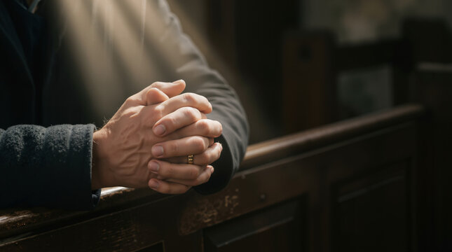 Hands of a person in prayer inside a church. Trinity Sunday concept with light beams. Religious devotion and faith