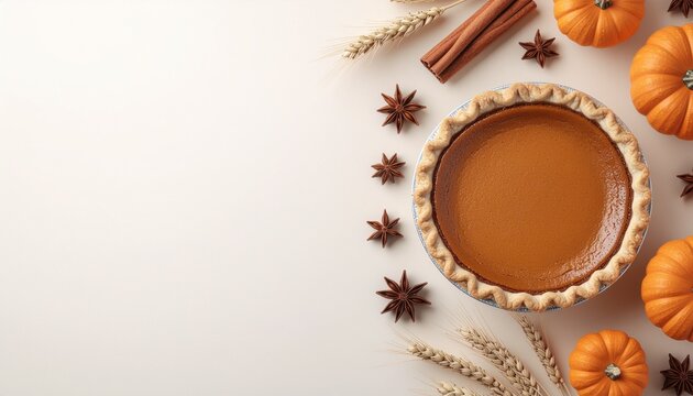 Top view of a traditional Thanksgiving pumpkin pie with mini pumpkins, star anise, cinnamon sticks, and wheat stalks on a light background with copy space.